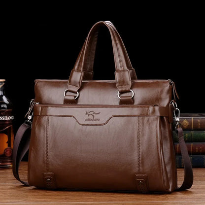 Vintage Men's Zipper Briefcase Business PU Leather Executive Handbag Large Capacity Shoulder Messenger Male Laptop Bag