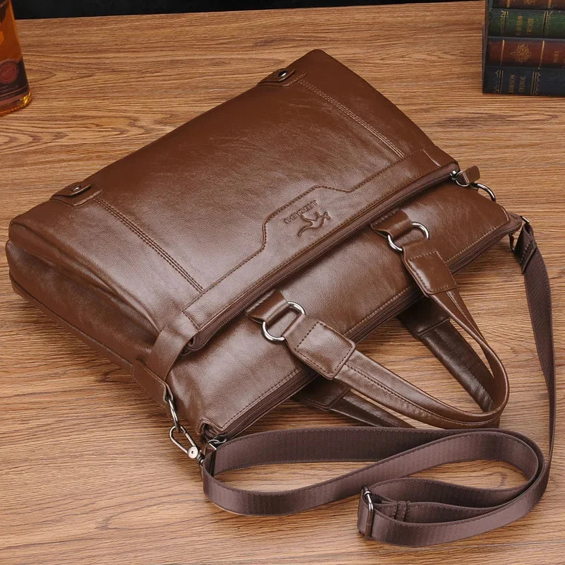 Vintage Men's Zipper Briefcase Business PU Leather Executive Handbag Large Capacity Shoulder Messenger Male Laptop Bag