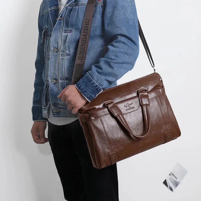 Vintage Men's Zipper Briefcase Business PU Leather Executive Handbag Large Capacity Shoulder Messenger Male Laptop Bag