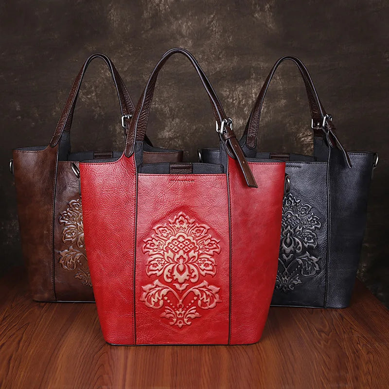 Vintage New Leather Large Capacity Women's Bag Hand-painted Embossed Crossbody Shoulder Bags Luxury All-match Handbags Purses