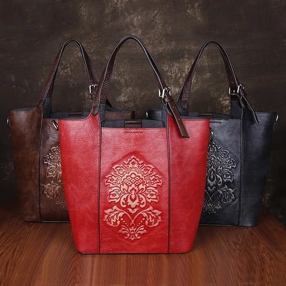 Vintage New Leather Large Capacity Women's Bag Hand-painted Embossed Crossbody Shoulder Bags Luxury All-match Handbags Purses
