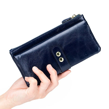 Vintage Oil Wax Cowhide Long Wallet Genuine Leather Multi-card Slot Card Multi-function Mobile Phone Bag