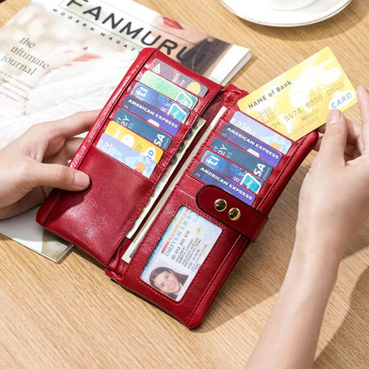 Vintage Oil Wax Cowhide Long Wallet Genuine Leather Multi-card Slot Card Multi-function Mobile Phone Bag