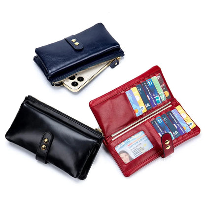 Vintage Oil Wax Cowhide Long Wallet Genuine Leather Multi-card Slot Card Multi-function Mobile Phone Bag