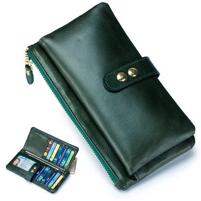 Vintage Oil Wax Cowhide Long Wallet Genuine Leather Multi-card Slot Card Multi-function Mobile Phone Bag