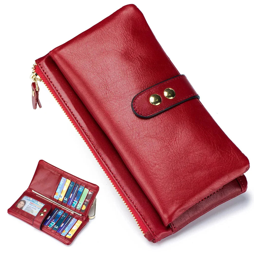 Vintage Oil Wax Cowhide Long Wallet Genuine Leather Multi-card Slot Card Multi-function Mobile Phone Bag