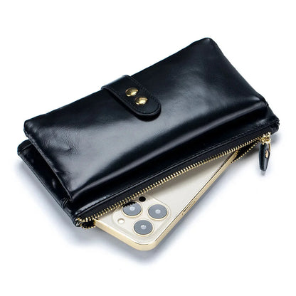 Vintage Oil Wax Cowhide Long Wallet Genuine Leather Multi-card Slot Card Multi-function Mobile Phone Bag
