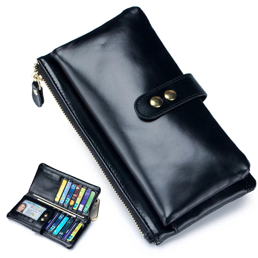 Vintage Oil Wax Cowhide Long Wallet Genuine Leather Multi-card Slot Card Multi-function Mobile Phone Bag