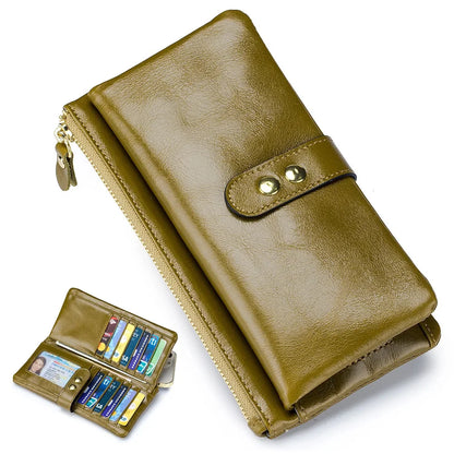 Vintage Oil Wax Cowhide Long Wallet Genuine Leather Multi-card Slot Card Multi-function Mobile Phone Bag