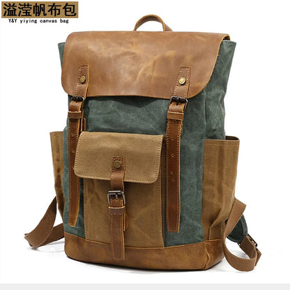 Vintage Outdoor Men Rucksack Canvas Bag Crazy Horse Leather Travel Backpack Waxed Canvas Waterproof Laptop Packsack