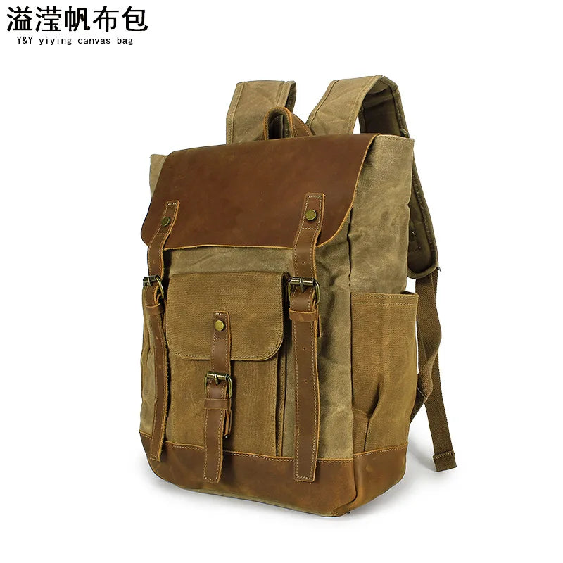 Vintage Outdoor Men Rucksack Canvas Bag Crazy Horse Leather Travel Backpack Waxed Canvas Waterproof Laptop Packsack
