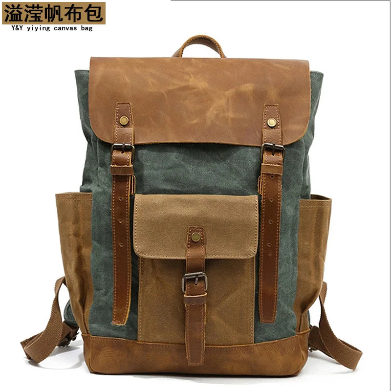Vintage Outdoor Men Rucksack Canvas Bag Crazy Horse Leather Travel Backpack Waxed Canvas Waterproof Laptop Packsack