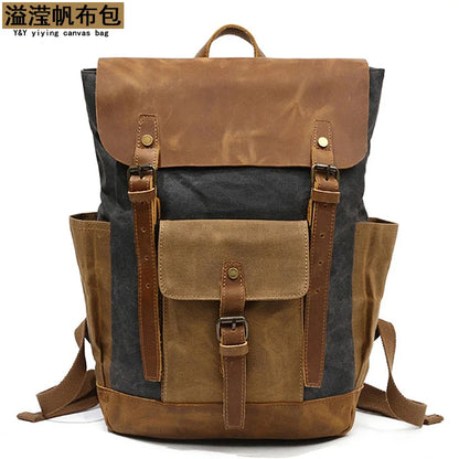 Vintage Outdoor Men Rucksack Canvas Bag Crazy Horse Leather Travel Backpack Waxed Canvas Waterproof Laptop Packsack