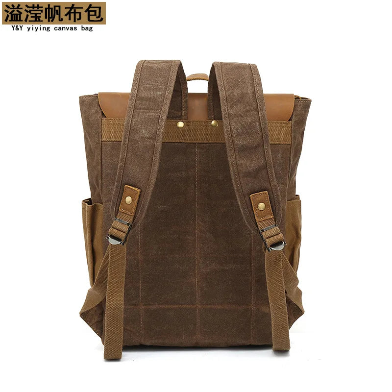Vintage Outdoor Men Rucksack Canvas Bag Crazy Horse Leather Travel Backpack Waxed Canvas Waterproof Laptop Packsack