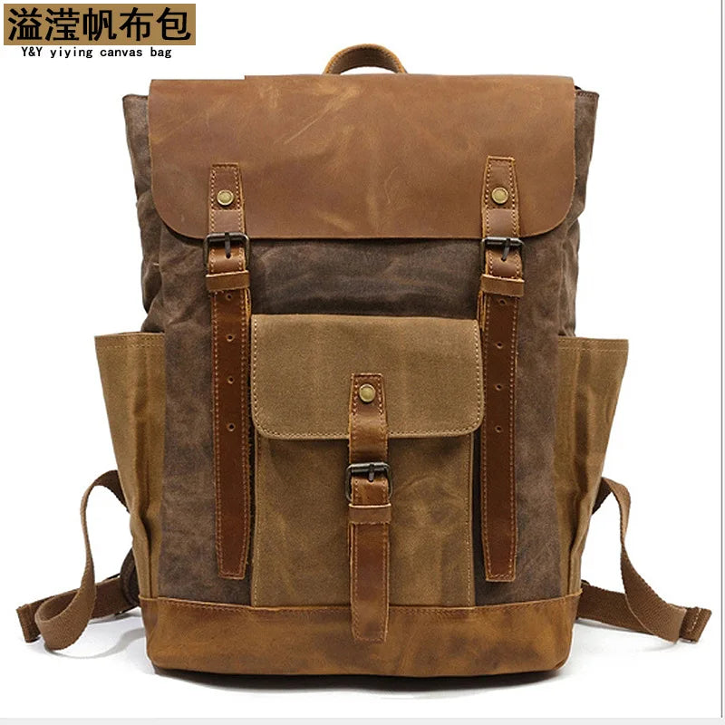 Vintage Outdoor Men Rucksack Canvas Bag Crazy Horse Leather Travel Backpack Waxed Canvas Waterproof Laptop Packsack