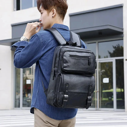 Vintage PU Leather Men Business Travel Backpack Large Capacity Male Laptop Bag Fashion School Bags For Boys