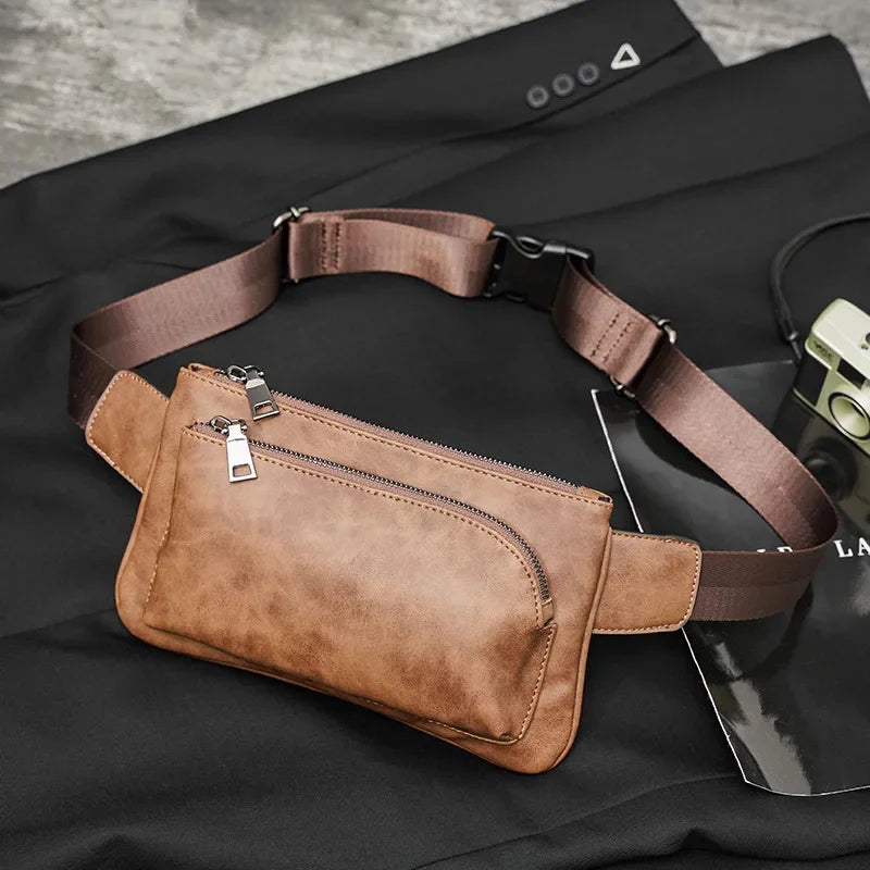 Vintage PU Leather Men's Casual Belt Korean Style Shoulder Crossbody Phone Chest Pack Luxury Male Waist Bags