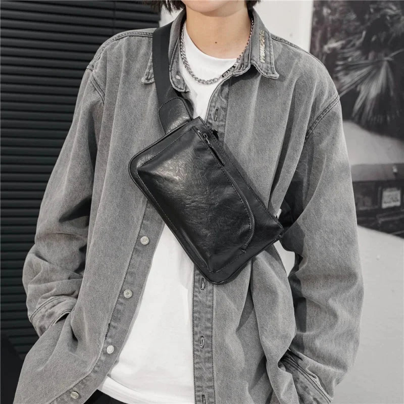 Vintage PU Leather Men's Casual Belt Korean Style Shoulder Crossbody Phone Chest Pack Luxury Male Waist Bags