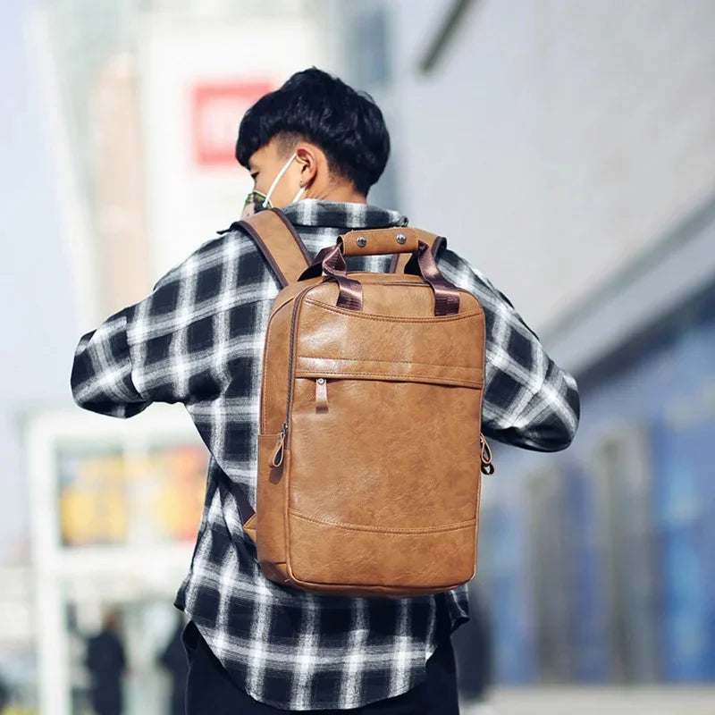 Vintage PU Leather Men's Casual Travel Backpack Luxury Male Laptop Bag Large Capacity Student School Bags For Boys