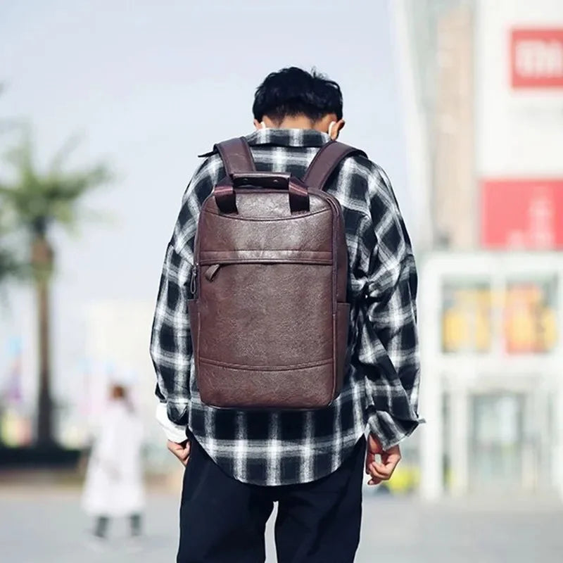 Vintage PU Leather Men's Casual Travel Backpack Luxury Male Laptop Bag Large Capacity Student School Bags For Boys