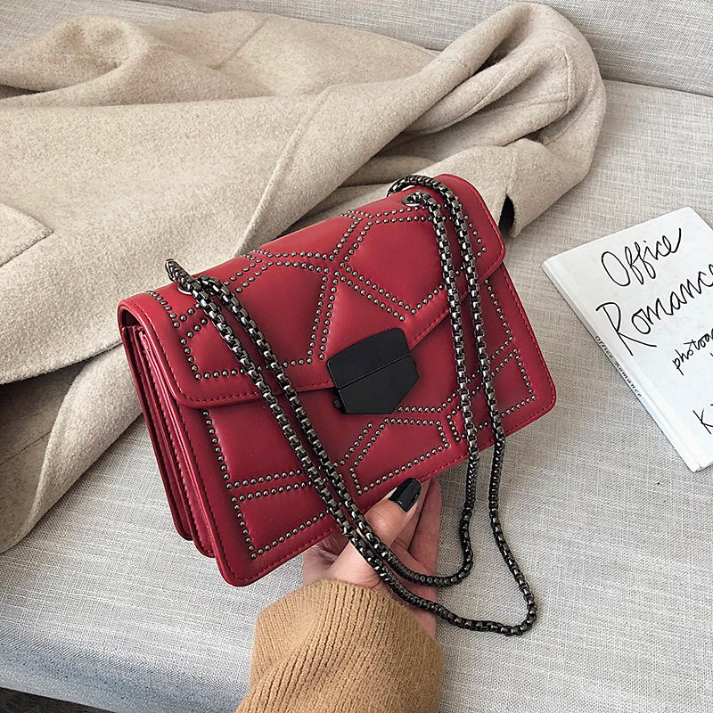 Vintage Rivet Chain Small Shoulder Bags for Women Flap PU Leather Fashion Small Square Crossbody Bag Solid Designer Handbag