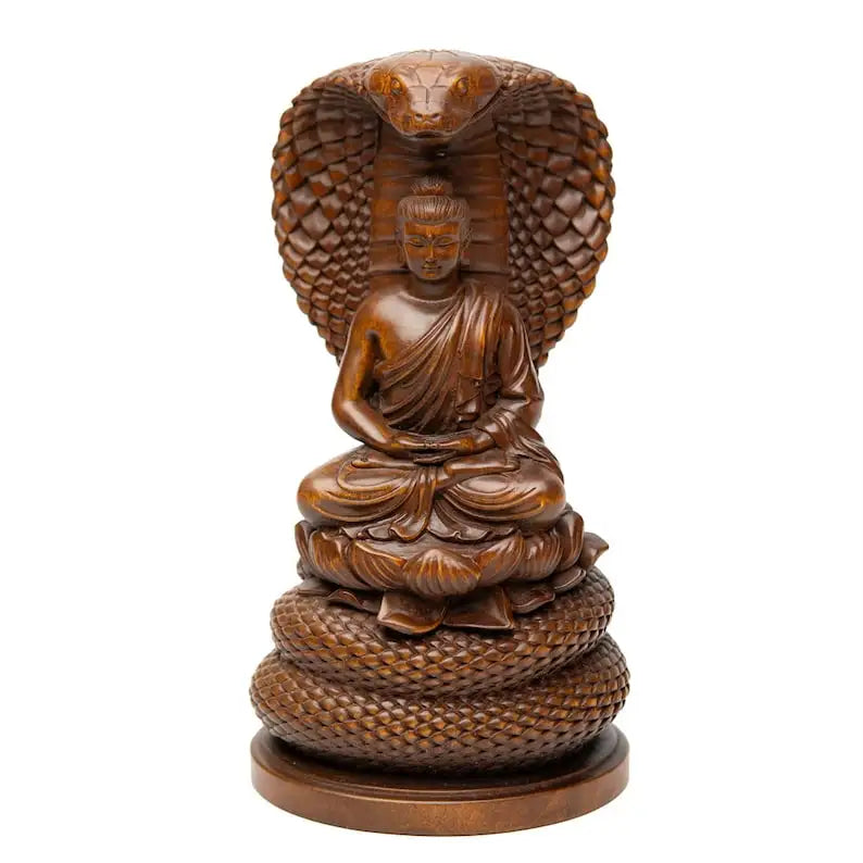 Vintage Serpent Buddha Statue, Huangyang (Boxwood), Wooden Carving, Antique Style Buddha Sculpture