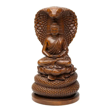 Vintage Serpent Buddha Statue, Huangyang (Boxwood), Wooden Carving, Antique Style Buddha Sculpture