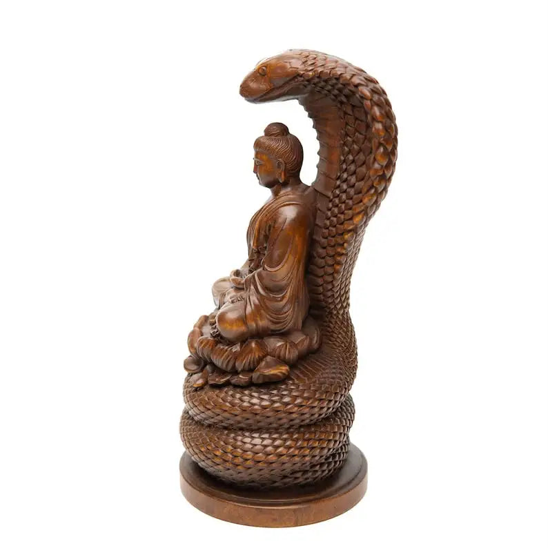 Vintage Serpent Buddha Statue, Huangyang (Boxwood), Wooden Carving, Antique Style Buddha Sculpture
