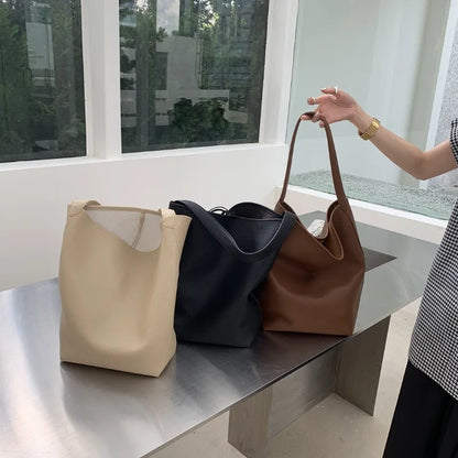 Vintage Simple Casual Shoulder Bags Large Capacity Fashion PU Leather Trendy Bucket Bag All-match Commuter Handbags Bolsas