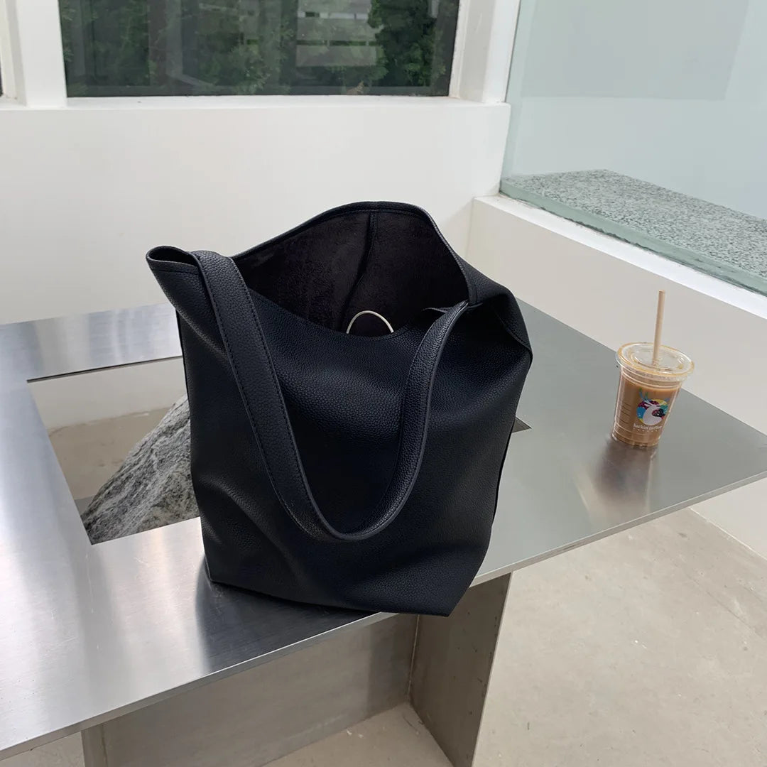 Vintage Simple Casual Shoulder Bags Large Capacity Fashion PU Leather Trendy Bucket Bag All-match Commuter Handbags Bolsas