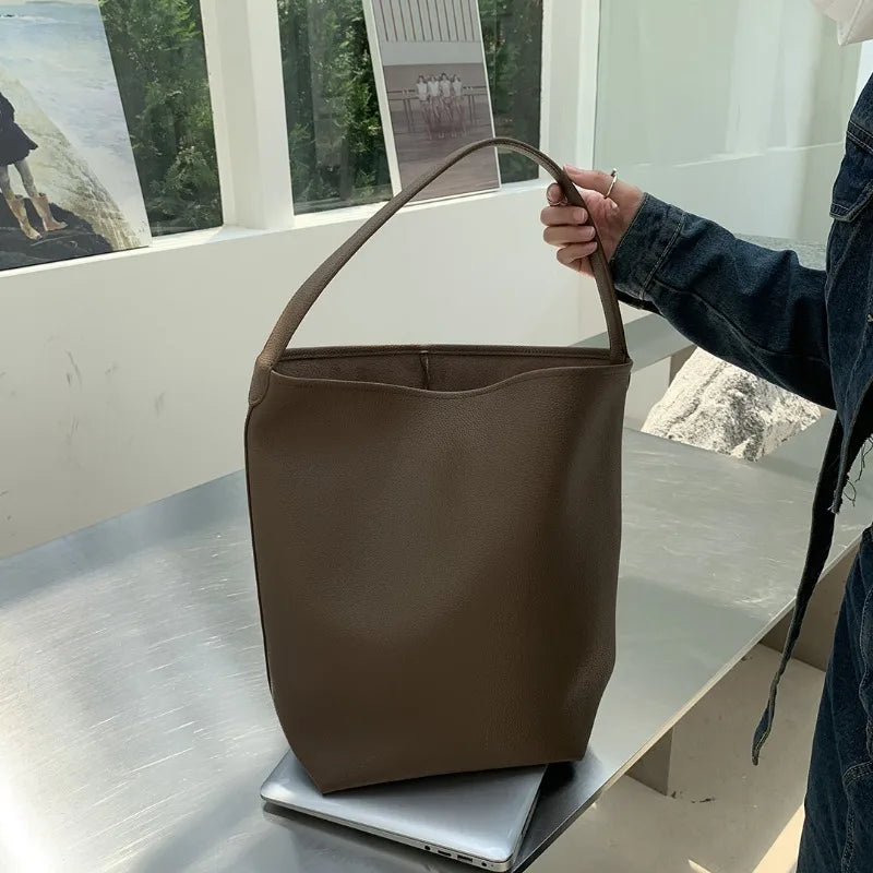 Vintage Simple Casual Shoulder Bags Large Capacity Fashion PU Leather Trendy Bucket Bag All-match Commuter Handbags Bolsas