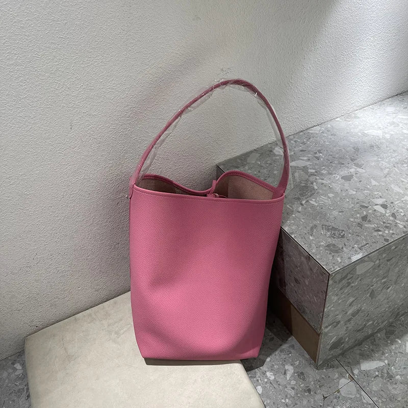 Vintage Simple Casual Shoulder Bags Large Capacity Fashion PU Leather Trendy Bucket Bag All-match Commuter Handbags Bolsas