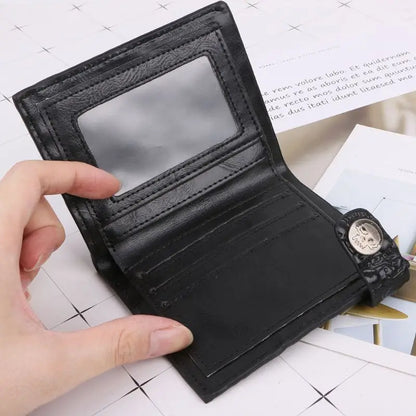 Vintage Skull Leather Wallet With Anti Theft Chain Men Bifold  ID Credit Card Holder