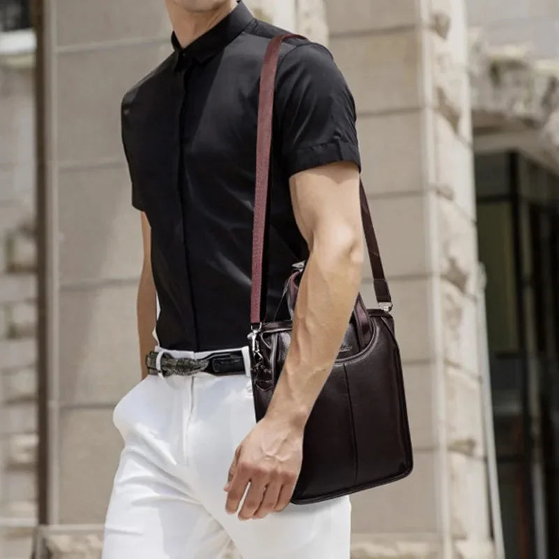 Vintage Soft Leather Men's Briefcases Business Vertical Hand Tote Office Male Shoulder Messenger Bag