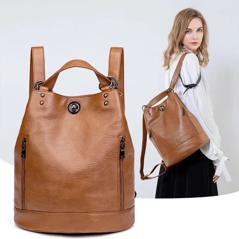 Vintage Soft Leather Women's Multi-Functional College Students School Bag Large Capacity Feminina Travel Backpack