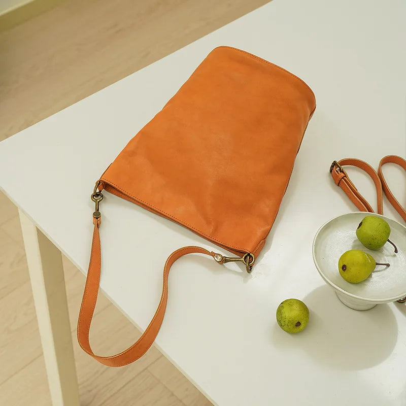 Vintage Solid Genuine Leather Women Fashion Shoulder Bag Simple Soft Bucket Bags High Quality Designer Large Capacity Purse