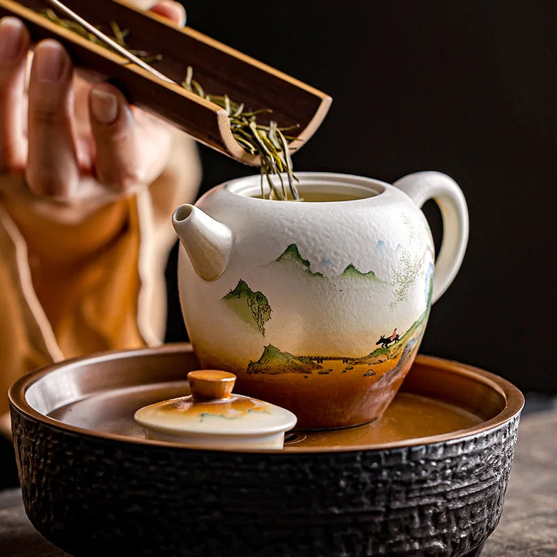 Vintage Tea Pot Single Pot Household Ceramic Landscape Tea Separator Simple Tea Making Kung Fu Tea Set Teeware Teware Mug Teapot