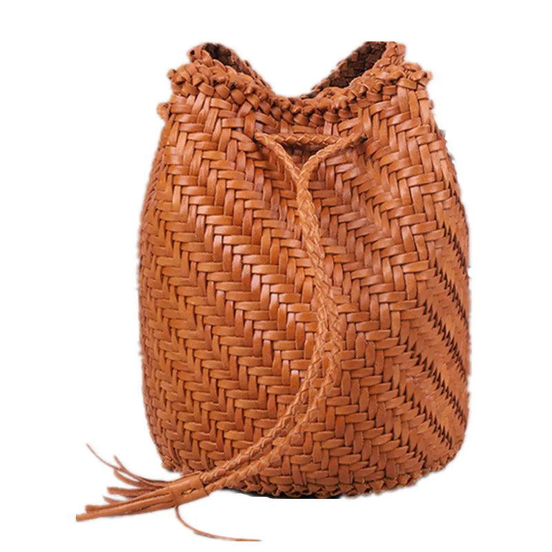 Vintage Tote Bag Cowhide Bucket Crossbody Bag 100% Genuine Leather Women Shoulder Bag Casual Inner Fabric Shopping Bag