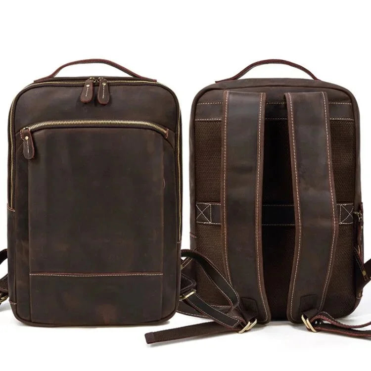 Vintage Travel Backpack double zipper pack male crazy horse backpack handmade leather travel men bag