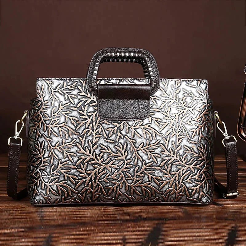 Vintage Trend Women Embossed Genuine Leather First Layer Cowhide Handbag Famous Brand Casual Messenger Shoulder Bags New