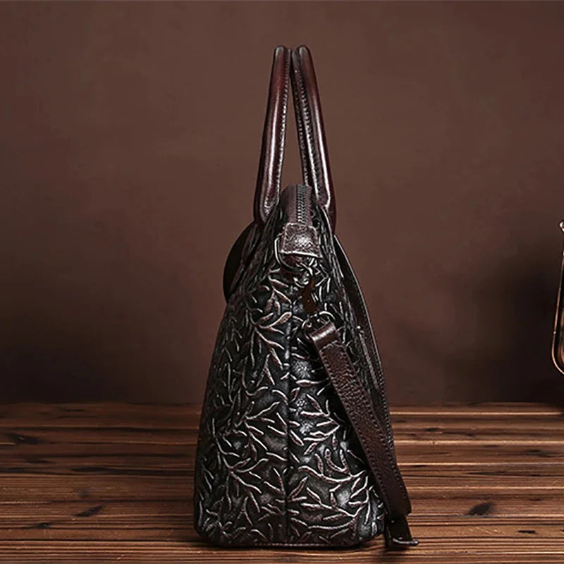Vintage Trend Women Embossed Genuine Leather First Layer Cowhide Handbag Famous Brand Casual Messenger Shoulder Bags New
