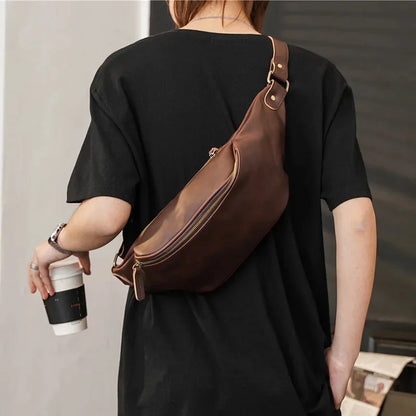Vintage Trendy Men's Waist Fashion PU Leather Chest Outdoor Shoulder Messenger Bag Man Belt Pouch Sports Fanny Pack