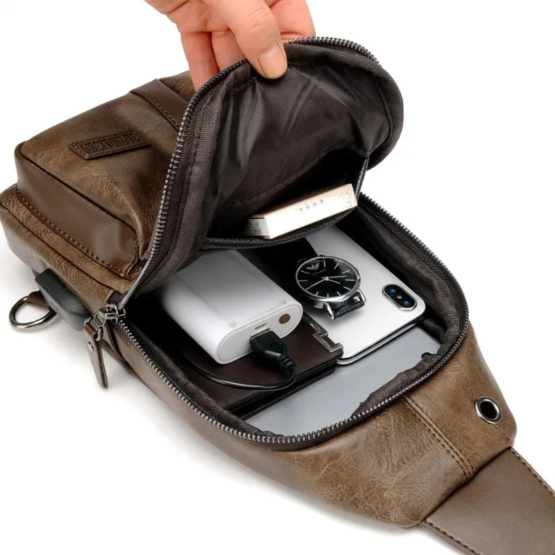 Vintage USB Charging Men's Chest Large Capacity Leather Shoulder Male Outdoor Crossbody Fashion Business Sling Bag
