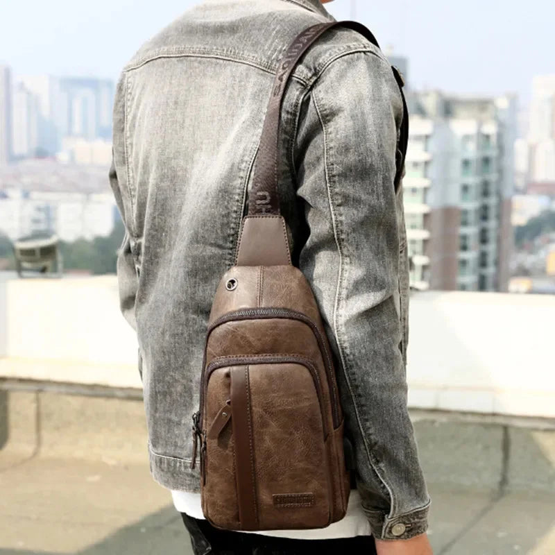 Vintage USB Charging Men's Chest Large Capacity Leather Shoulder Male Outdoor Crossbody Fashion Business Sling Bag