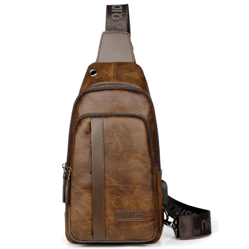 Vintage USB Charging Men's Chest Large Capacity Leather Shoulder Male Outdoor Crossbody Fashion Business Sling Bag