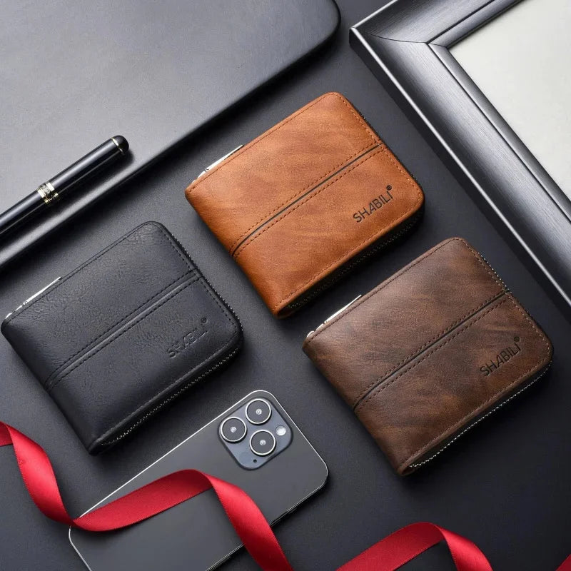 Vintage Zipper Men's PU Leather Short Coin Purses Business Wallet Card Holder For Man Fashion Money Clip