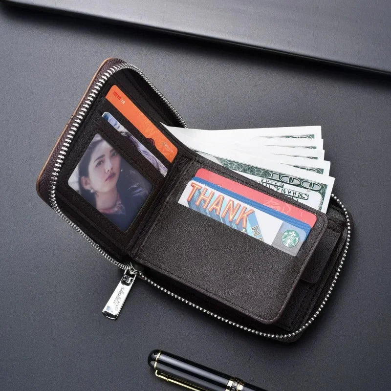 Vintage Zipper Men's PU Leather Short Coin Purses Business Wallet Card Holder For Man Fashion Money Clip