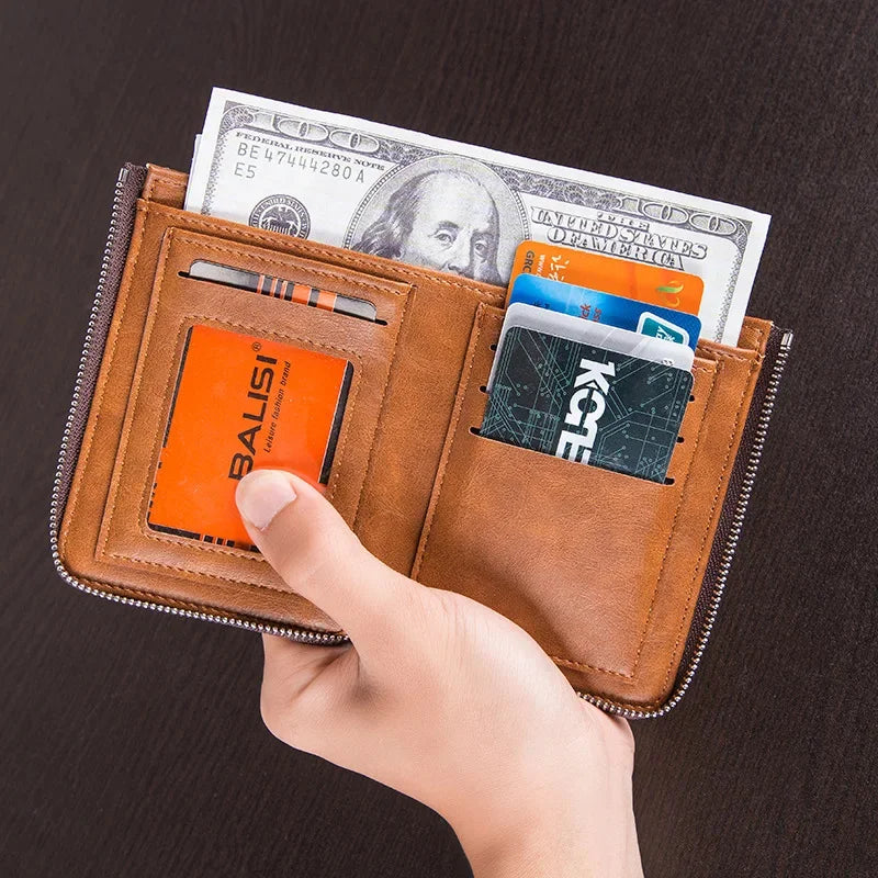 Vintage Zipper Men's Wallet Leather Short Coin Purse Large Capacity Card Holder Business Male Money Clip