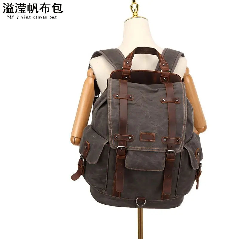 Vintage canvas leather waterproof backpack travel mochila vintage masculina Rucksack men backpack waxed canvas Laptop Bagpack