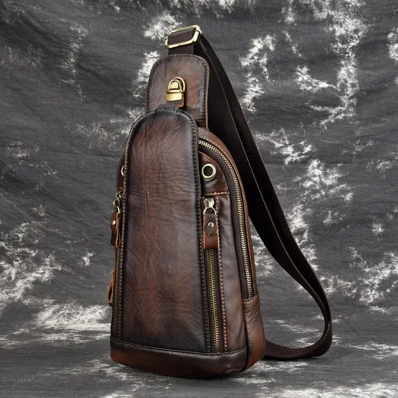 Vintage cowhide men's chest high quality genuine leather male shoulder messenger casual crossbody fashion sling bag
